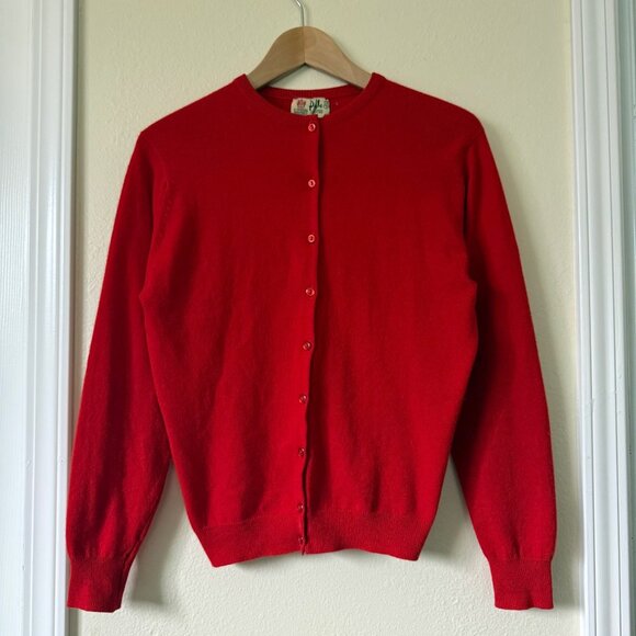 VTG Pringle Of Scotland Red 100% Cashmere Button-Up Cardigan Sweater Sz 40 (M) - Picture 1 of 9